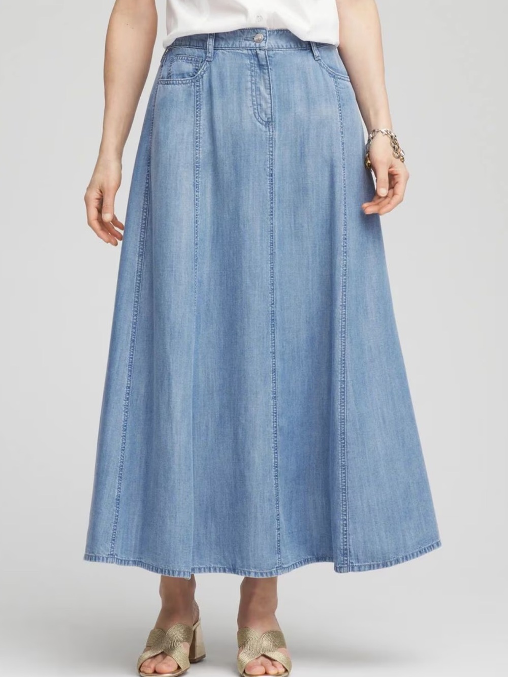 Light Blue Denim Maxi Skirt A Line with Flared Panels Lightweight Chambray Fall - Picture 2 of 11